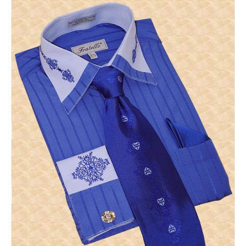 Fratello Royal Blue/Sky Blue With Embroidered Design & Stripes Shirt/Tie/Hanky Set FRS9302P2